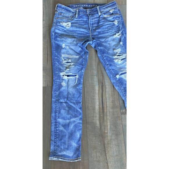 American Eagle Men’s 33x32 Distressed Ripped Slim Jeans Y2K Grunge Denim Pants - Picture 4 of 10